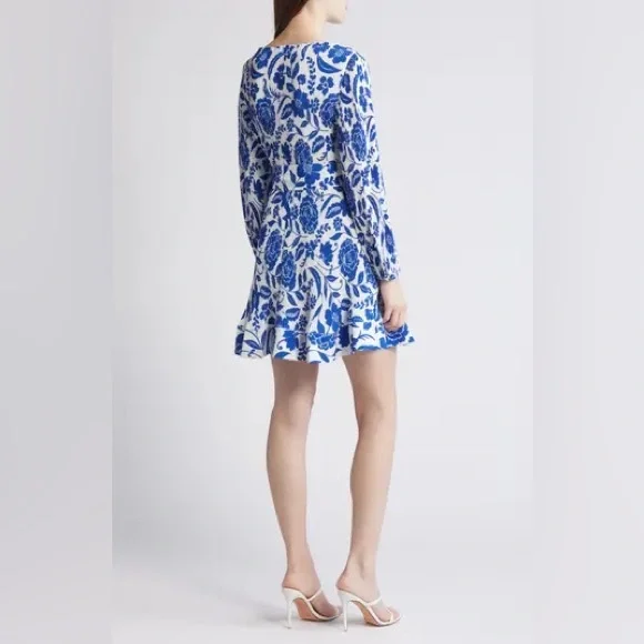 Milly Blue Liv Flowers of Spain Long Sleeve V Neck Pleated Mini Dress - Picture 4 of 13